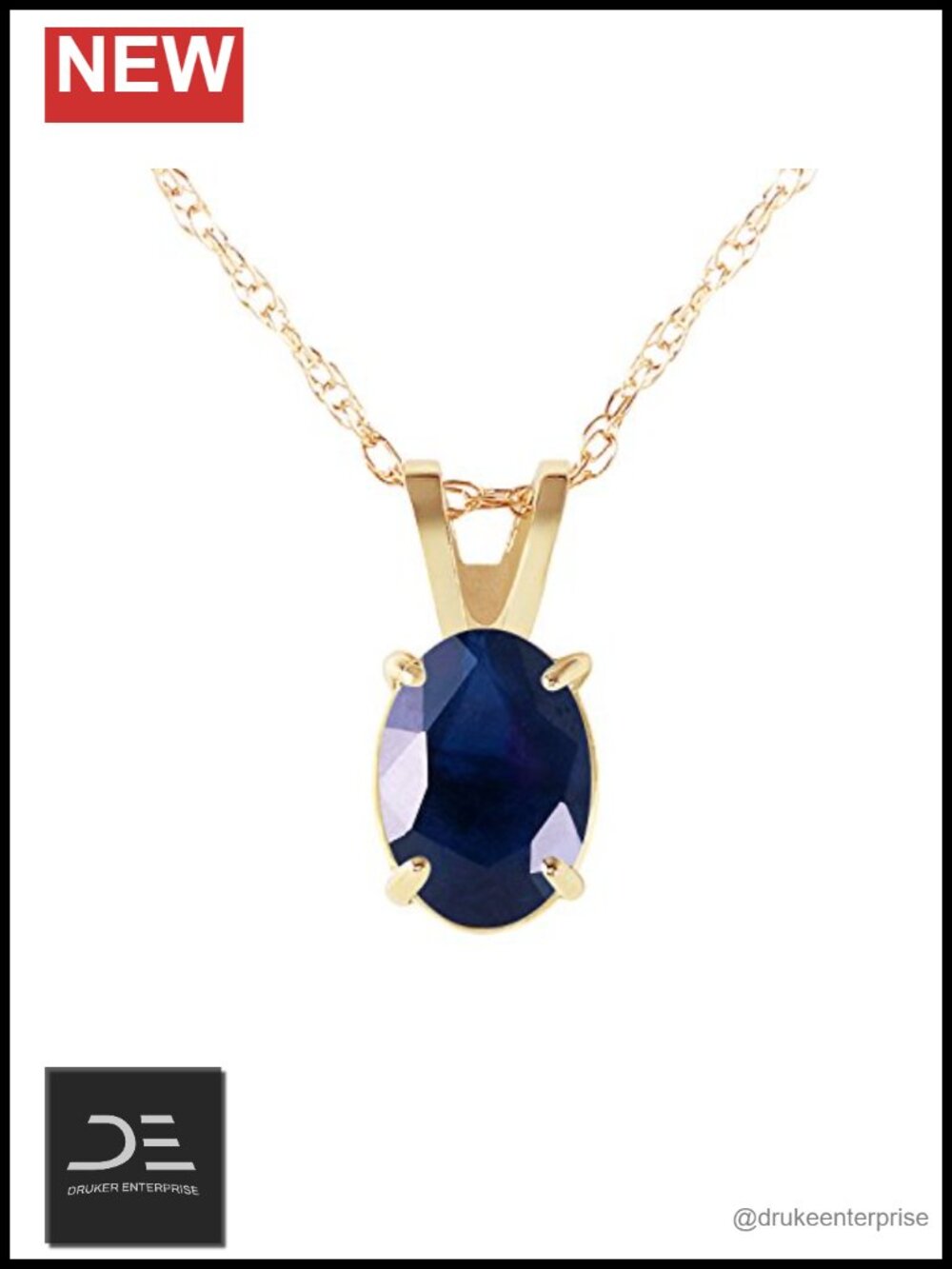 14K Solid Gold Oval Sapphire Pendant Necklace 18in